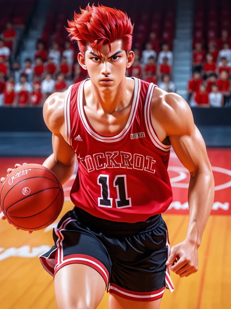 ((hanamichisakurag1)), red hair, pompadour, thin black eyes, serious, lightly tanned, toned build, red basketball uniform, red shorts, cowboy shot, basketball court, collarbone, ultra high definition, 1080p, masterpiece, best quality, ultra detailed