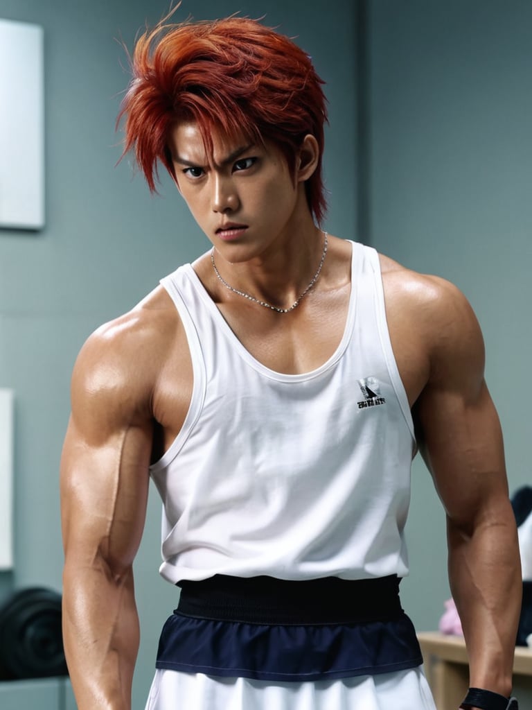 photograph of ((hanamichisakurag1)), red hair, thin black eyes, angry, injured, lightly tanned, muscular build, tank top, shoe store, collarbone, ultra high definition, 1080p, masterpiece, best quality