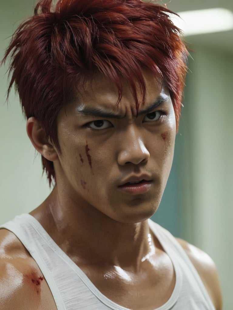 photograph of ((hanamichisakurag1)), red hair, thin black eyes, angry, blood on face, lightly tanned, muscular build, tank top, school hallway, collarbone, ultra high definition, 1080p, masterpiece, best quality