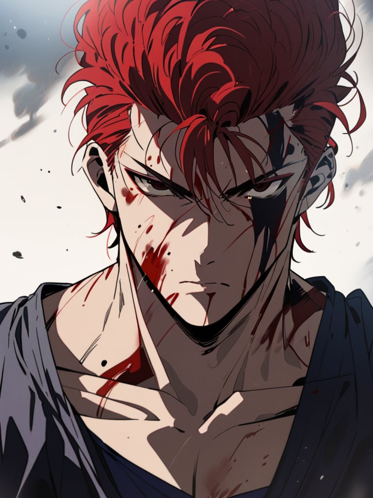 (hanamichisakurag1), solo anime, red hair, black eyes, serious, lightly tanned, bloody face, injured, collarbone, ultra high definition, 1080p, masterpiece, best quality,hanamichisakurag1