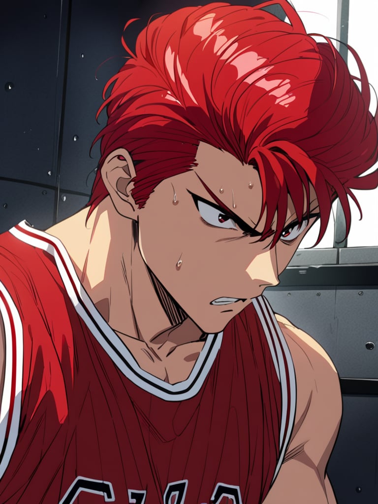 (hanamichisakurag1), solo anime, red hair, red basketball jersey, muscle, collarbone, angry, ultra high definition, 1080p, masterpiece, best quality