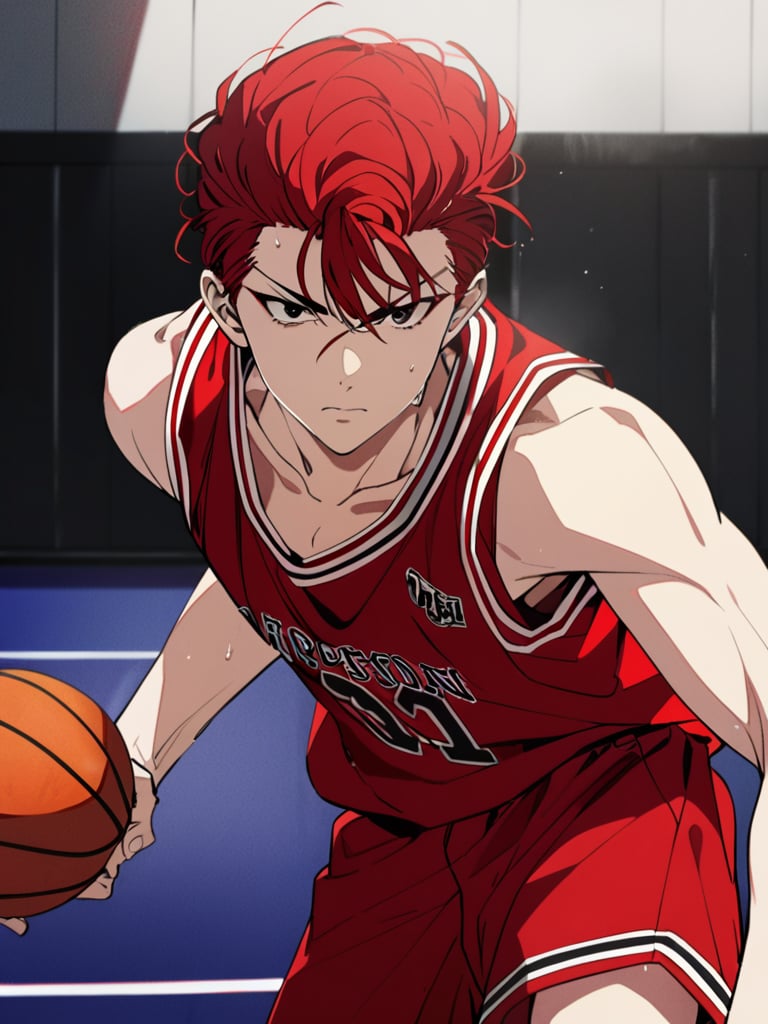 (hanamichisakurag1), solo anime, red hair, black eyes, serious, red basketball uniform, red shorts, basketball court, collarbone, ultra high definition, 1080p, masterpiece, best quality