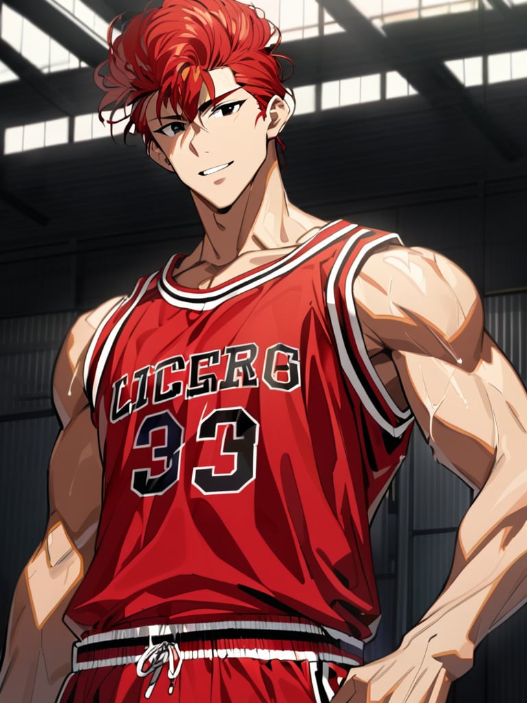 ((hanamichisakurag1)), red hair, black eyes, basketball uniform, gymnasium, toned build, collarbone, smiling, cowboy shot, side view ultra high definition, 1080p, masterpiece, best quality