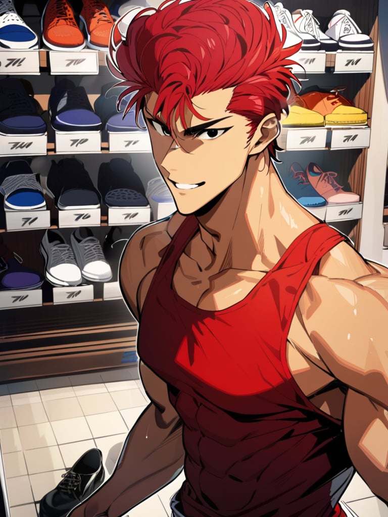 ((hanamichisakurag1)), red hair, thin black eyes, smiling, lightly tanned, muscular build, tank top, shoe store, collarbone, ultra high definition, 1080p, masterpiece, best quality