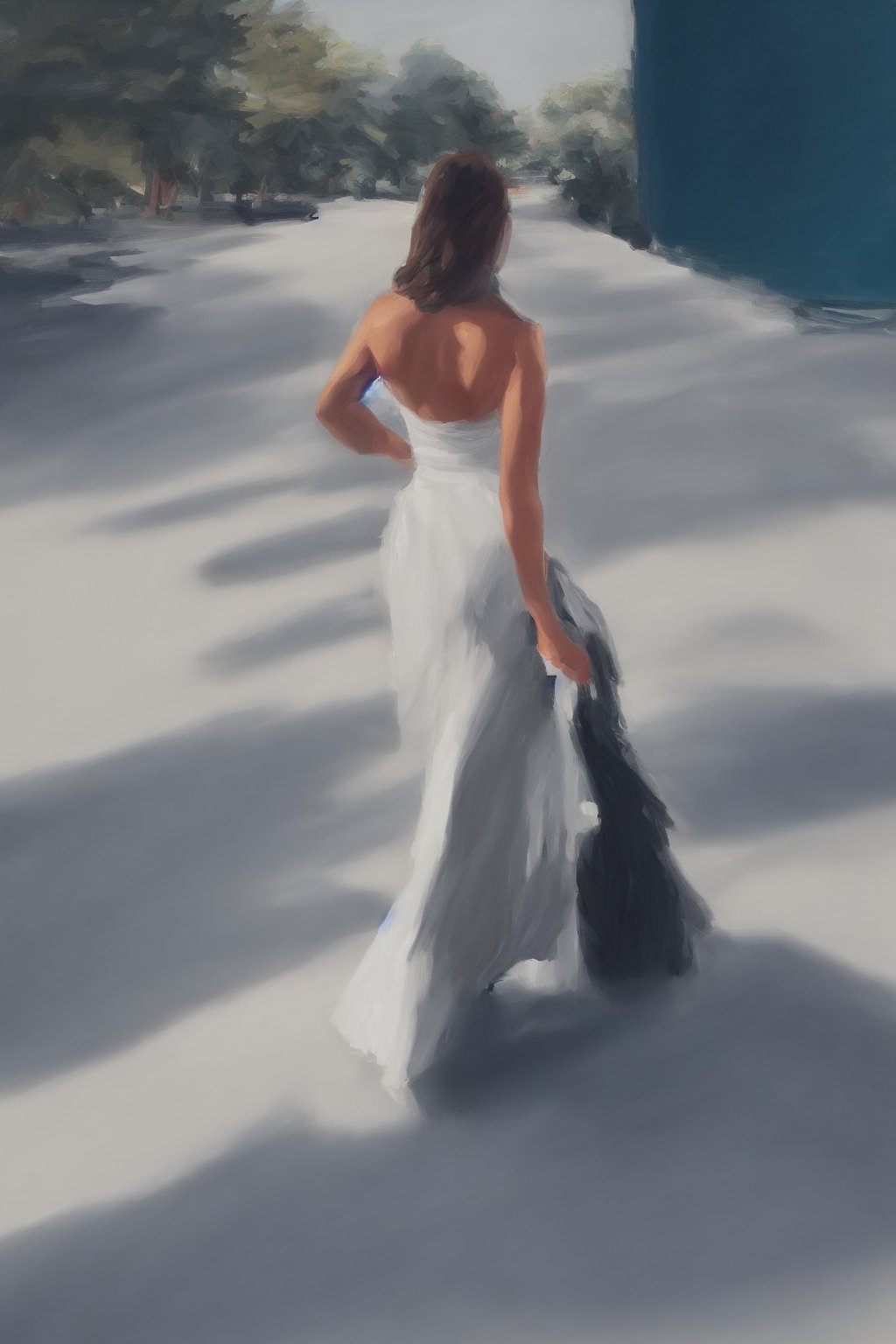  an woman in black dress walking away from the camera, helen shulkin,HS style,Strong color contrast,oil painting,