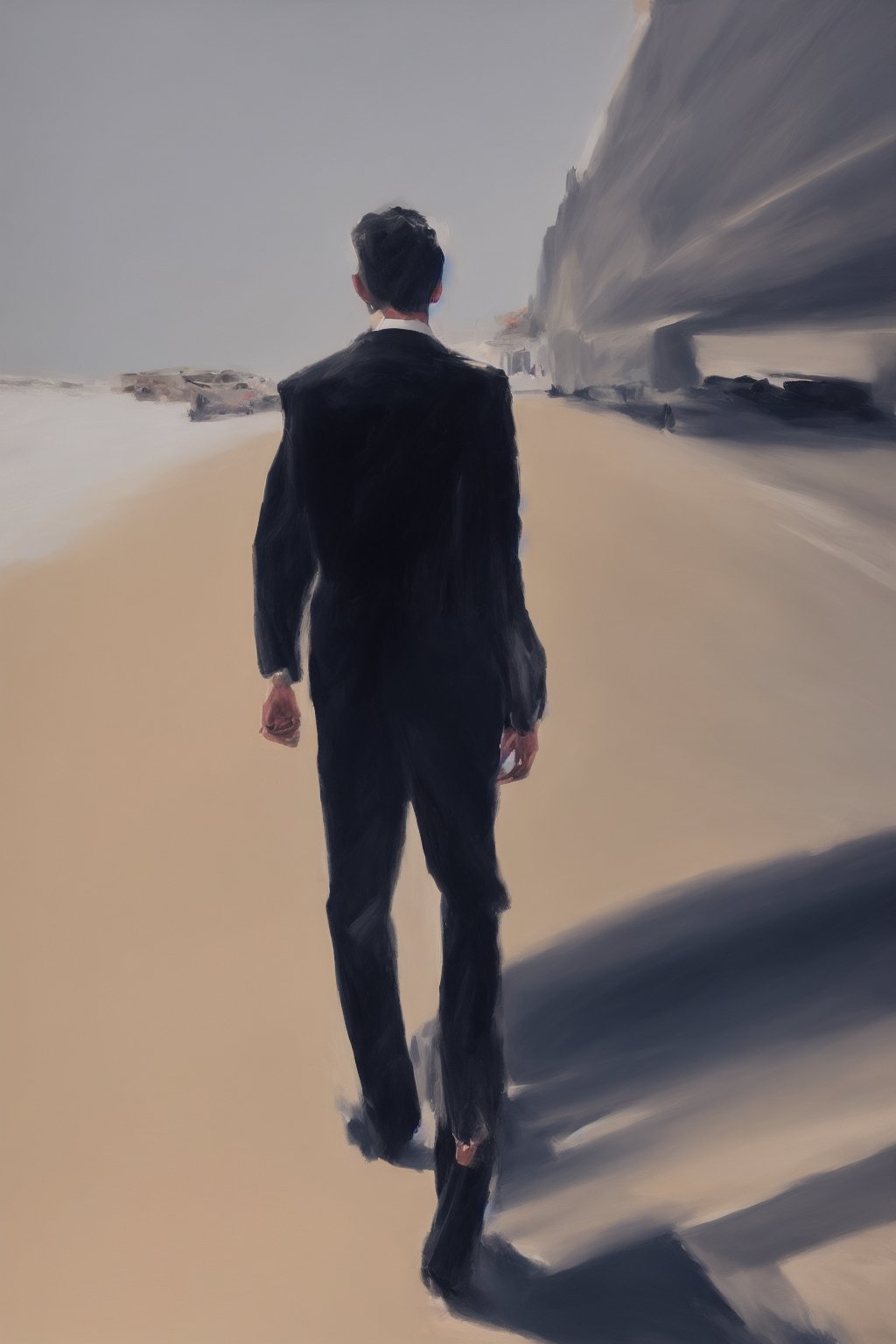  an man in black suit walking away from the camera, helen shulkin,HS style,Strong color contrast,oil painting,