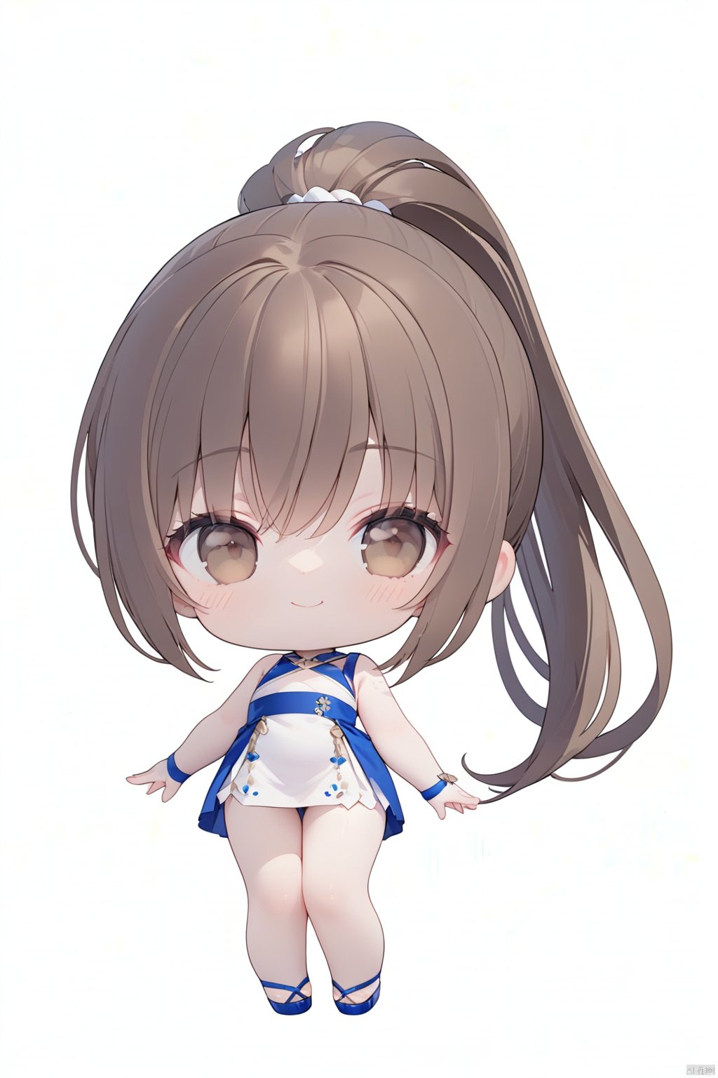 1 girl, brown eyes, brown hair, looking at the audience, ponytail, chibi, simple background, smile, long hair, (masterpiece), (best quality), (super detailed), (whole body: 1.1),full_body<lora:EMS-331566-EMS:1.000000>