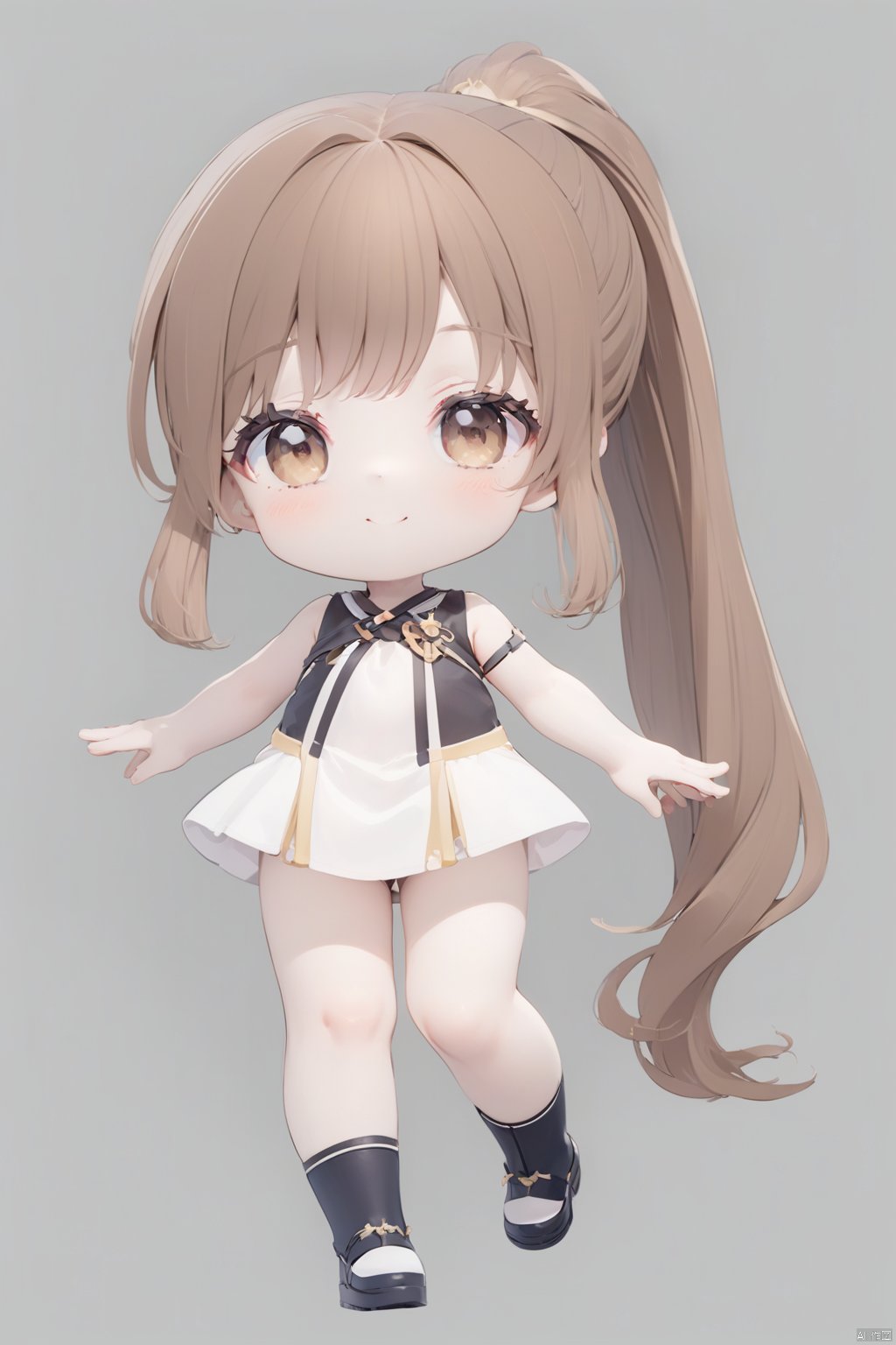 1 girl, brown eyes, brown hair, looking at the audience, ponytail, chibi, smile, long hair, (masterpiece), (best quality), (super detailed), (whole body: 1.2),full_body<lora:EMS-331566-EMS:1.000000>