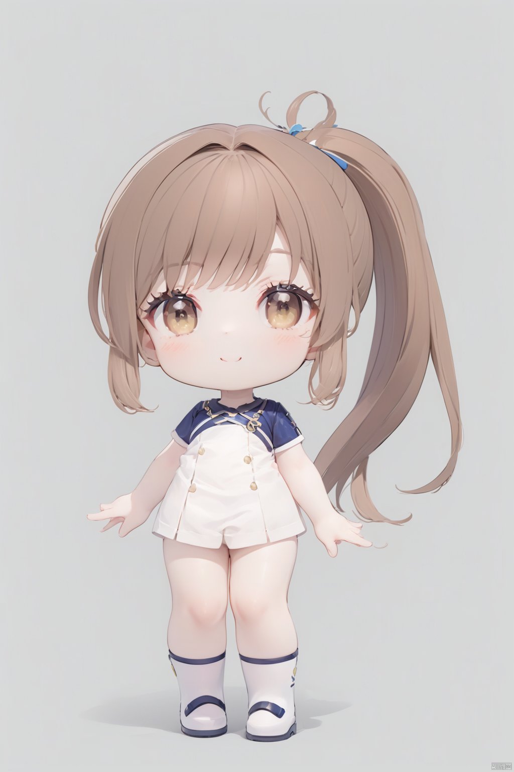 1 girl, brown eyes, brown hair, looking at the audience, ponytail, chibi, simple background, smile, long hair, (masterpiece), (best quality), (super detailed), (whole body: 1.2),full_body<lora:EMS-331566-EMS:1.000000>