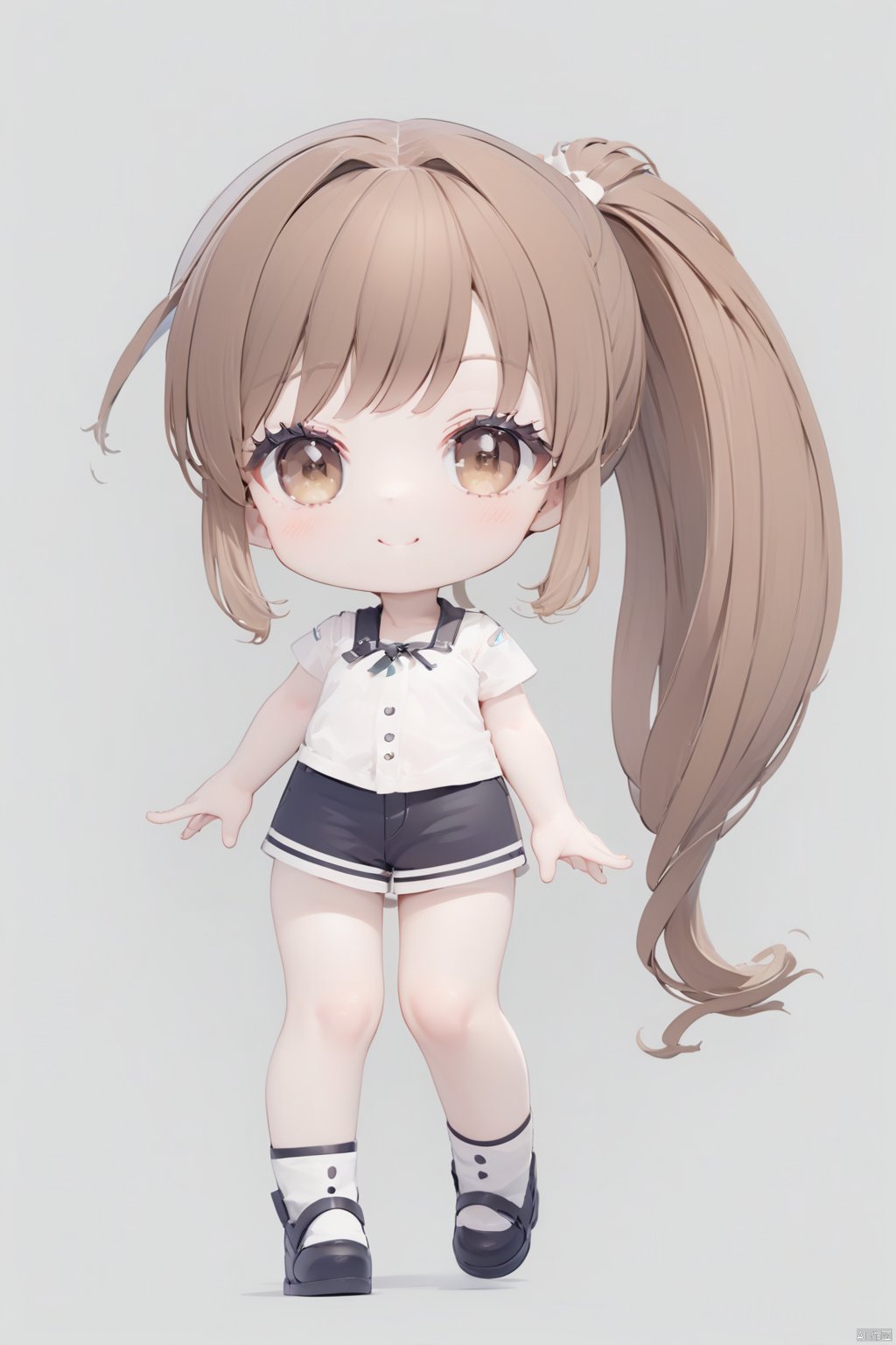 1 girl, brown eyes, brown hair, looking at the audience, ponytail, chibi, simple background, smile, long hair, (masterpiece), (best quality), (super detailed), (whole body: 1.2),full_body<lora:EMS-331566-EMS:1.000000>