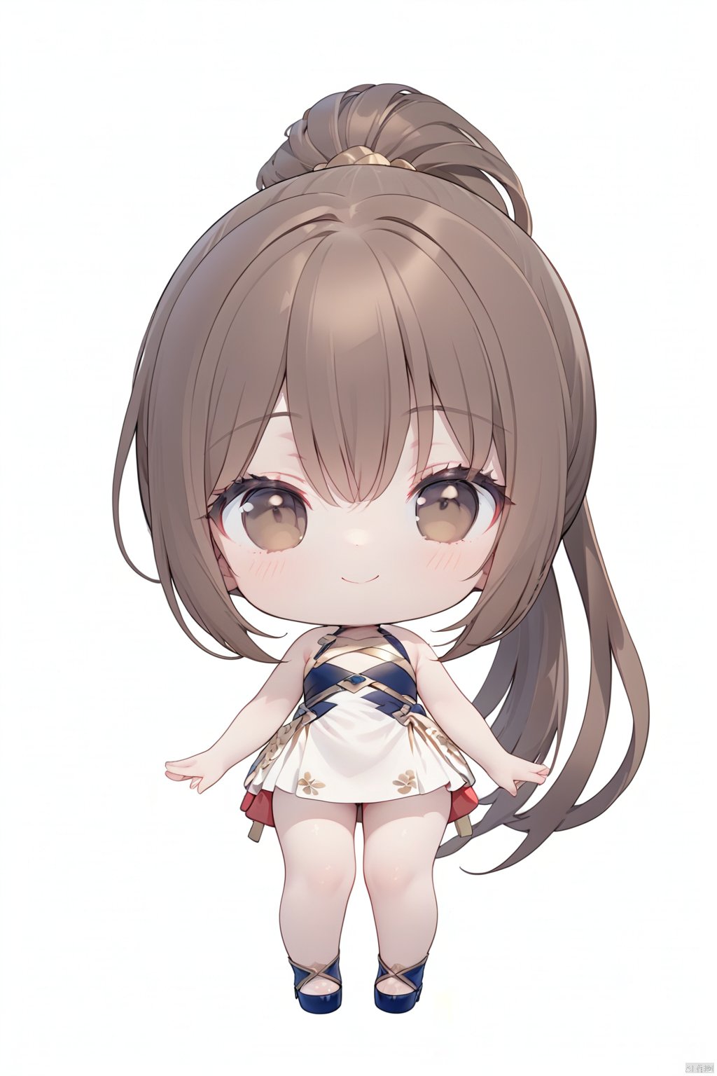 1 girl, brown eyes, brown hair, looking at the audience, ponytail, chibi, simple background, smile, long hair, (masterpiece), (best quality), (super detailed), (whole body: 1.2),full_body<lora:EMS-331566-EMS:1.000000>