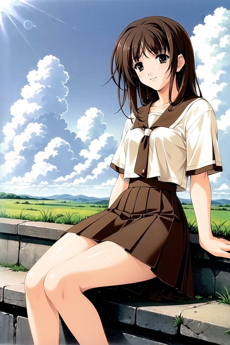 (masterpiece:1.3),best quality, (sharp quality), brown hair, school uniform,White blouse,Pleated skirt, sailor suit, mini skirts, black tie,Beautiful scenery, blue sky, white clouds,alone,The best smile,School stairs, sitting,