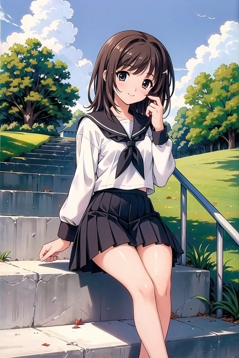 (masterpiece:1.3),best quality, (sharp quality), brown hair, school uniform,White blouse,Pleated skirt, sailor suit, mini skirts, black tie,Beautiful scenery, blue sky, white clouds,alone,The best smile,School stairs, sitting,Have sweets in her hand