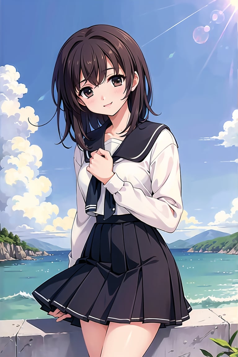 (masterpiece:1.3),best quality, (sharp quality), brown hair, school uniform,White blouse,Pleated skirt, sailor suit, mini skirts, black tie,Beautiful scenery, blue sky, white clouds,alone,The best smile,