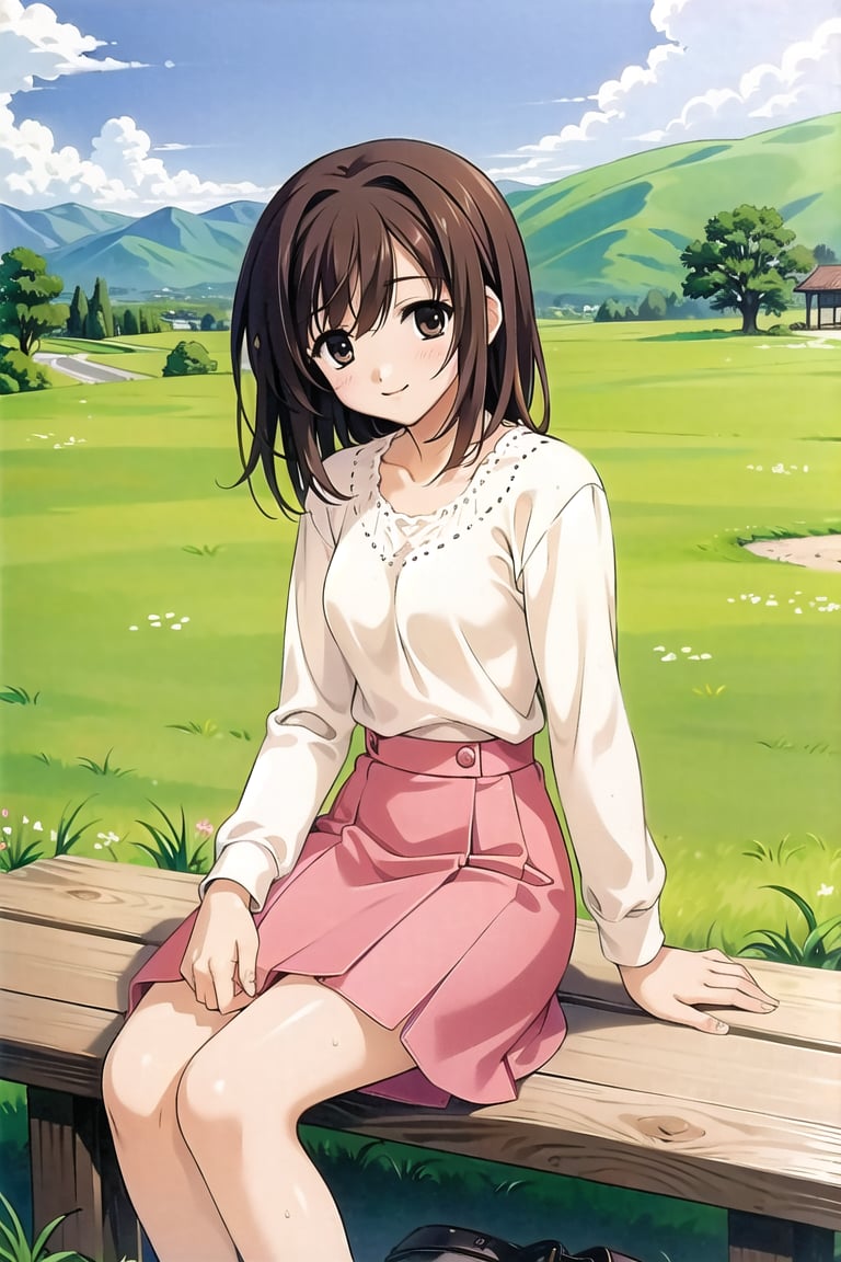 (masterpiece:1.3),best quality, (sharp quality), brown hair,no sleeve, pink  skirt, white shirt,Beautiful scenery,Sitting on the bench,(sweets), blue sky, white clouds,alone,The best smile,