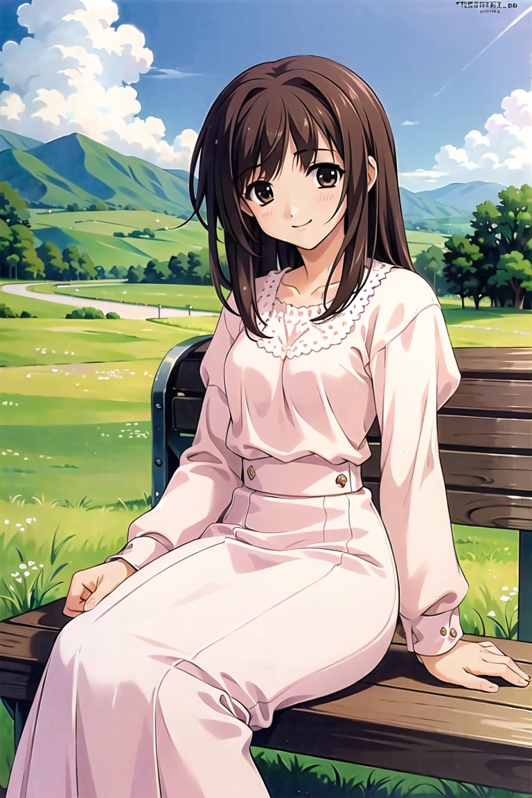 (masterpiece:1.3),best quality, (sharp quality), brown hair, semi long hair, Sleeve, pink long skirt, white shirt,Beautiful scenery,Sitting on the bench, sweets, blue sky, white clouds,alone,The best smile,