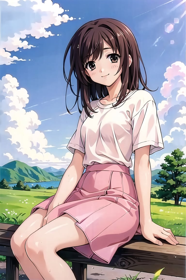 (masterpiece:1.3),best quality, (sharp quality), brown hair,no sleeve, pink  skirt, white shirt,Beautiful scenery,Sitting on the bench,(sweets), blue sky, white clouds,alone,The best smile,