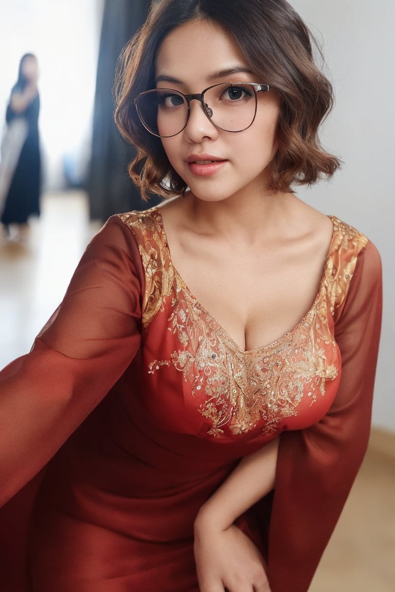 1woman, realistic photo of a 25 years old indonesian, (kaftan dress), (short-hair:1.3), glasses, medium breasts, playful expression, (dynamic pose:1.3), (characters are full of composition, perfect anatomy, flawless face, perfect eyes, expresive eyes, perfect female body, narrow waist, very attractive beauty), (8K, ultra-detailed, masterpiece, best quality, detailed, highly detailed, sharp focus, detailed face, face focus focus, realisitic,Photorealsitic, Highest Detail Face) , (fullbody shot:1.3), (wide angle), (look at viewer:1.3), look closely at the camera, (natural lighting:1.4), (professional lighting), best shadow, (warm color), (simple background:1.4), (Safe for work:1.3),jeje,echa