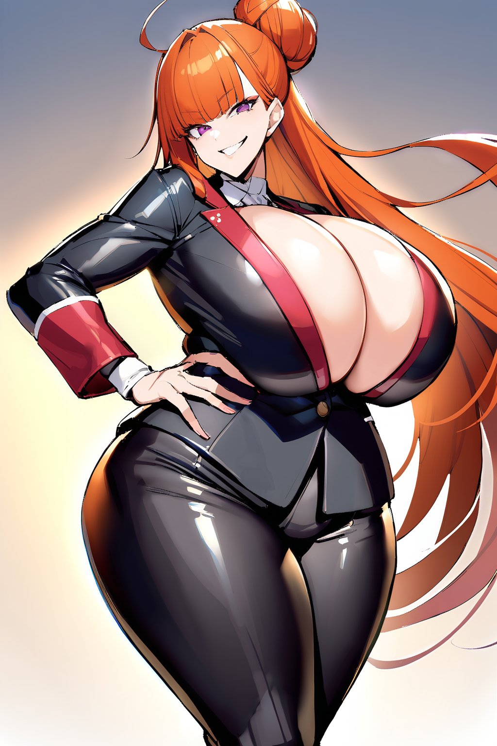 kamimura maika, purple eyes, orange hair, long hair, very long hair, blunt bangs, hair bun, single hair bun, side ponytail, thick thighs, huge breasts,maika suit, jacket, black jacket,maika suit, jacket, black jacket, underboob, pants, black pants,smirk