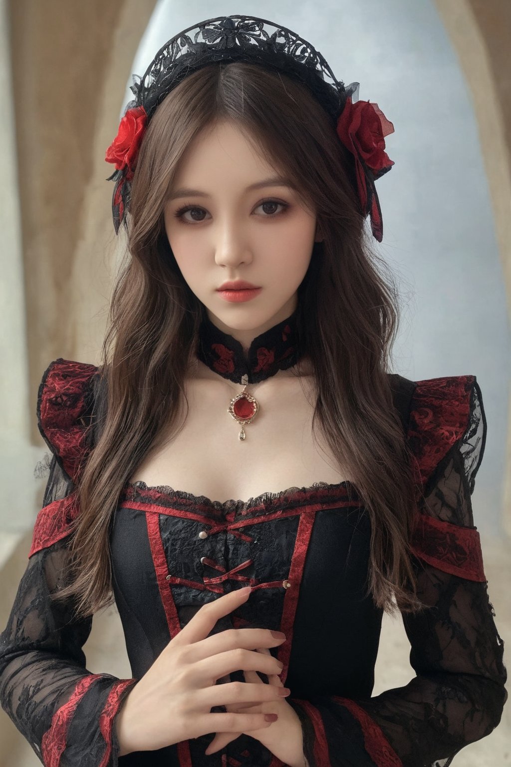 (ultra realistic,best quality),photorealistic,Extremely Realistic, in depth, cinematic light,hubggirl,

1girl, professional photoshot, red and black gothic clothing, beautiful model, very detailed brown hair, incredibly detailed red eyes, elegant and aesthetic pose, very detailed outfit, 