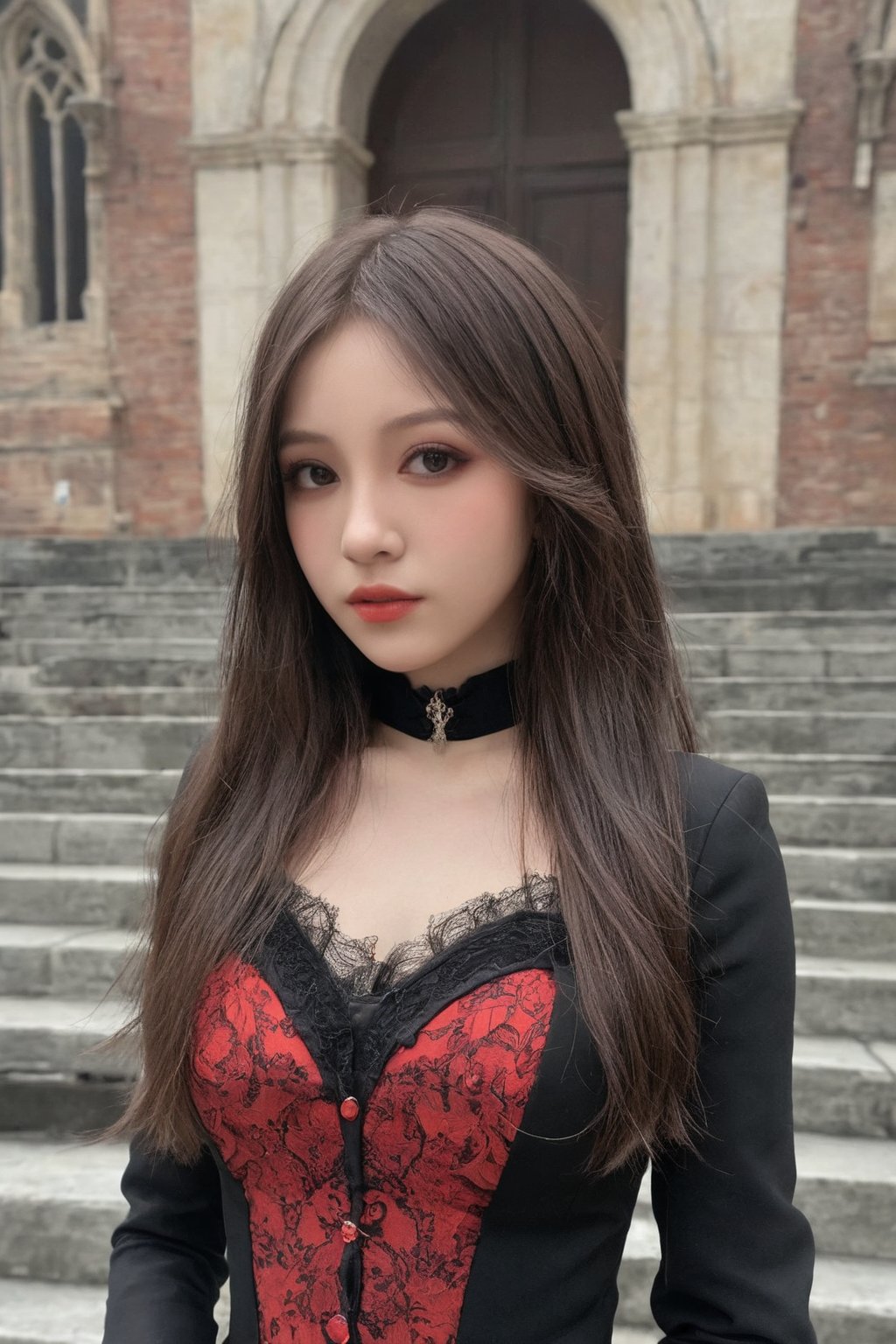 (ultra realistic,best quality),photorealistic,Extremely Realistic, in depth, cinematic light,hubggirl,

1girl, professional photoshot, red and black gothic clothing, beautiful model, very detailed brown hair, incredibly detailed red eyes, elegant and aesthetic pose, very detailed outfit, 