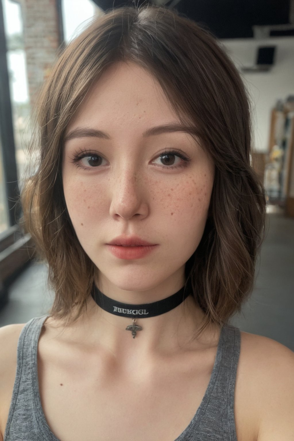 (ultra realistic,best quality),photorealistic,Extremely Realistic, in depth, cinematic light,hubggirl,

medium hair, detailed face, detailed nose, woman wearing tank top, freckles, choker, smirk, tattoo, 

intricate background, realism,realistic,raw,analog,portrait,photorealistic,