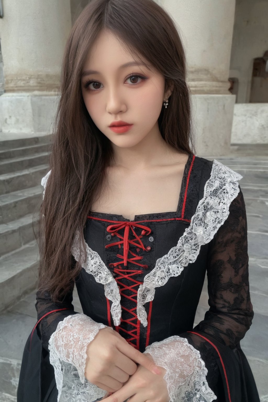 (ultra realistic,best quality),photorealistic,Extremely Realistic, in depth, cinematic light,hubggirl,

1girl, professional photoshot, red and black gothic clothing, beautiful model, very detailed brown hair, incredibly detailed red eyes, elegant and aesthetic pose, very detailed outfit, 