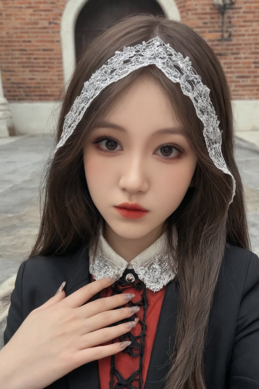 (ultra realistic,best quality),photorealistic,Extremely Realistic, in depth, cinematic light,hubggirl,

1girl, professional photoshot, red and black gothic clothing, beautiful model, very detailed brown hair, incredibly detailed red eyes, elegant and aesthetic pose, very detailed outfit, 