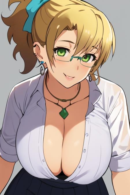 best quality, masterpiece, (illustraion background:1.1),misaki, 1girl,large breasts,cleavage, blonde hair, green eyes, ponytail, glasses, rimless eyewear,  smile,lips,earrings, jewelry, white shirt, gray skirt, purple panties,  open shirt,   ,  <lora:misaki sensei:0.9>