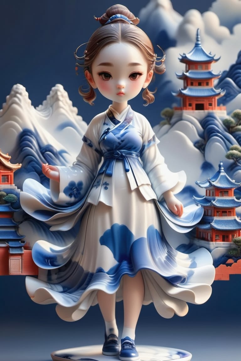1girl, full-body, china ko, simple background, bright color, reddish cheeks, blue and white porcelain clothes, blue city, front, recent photo, blue and white porcelain mountain, blue and white porcelain building, blue and white porcelain background,minimalist hologram
