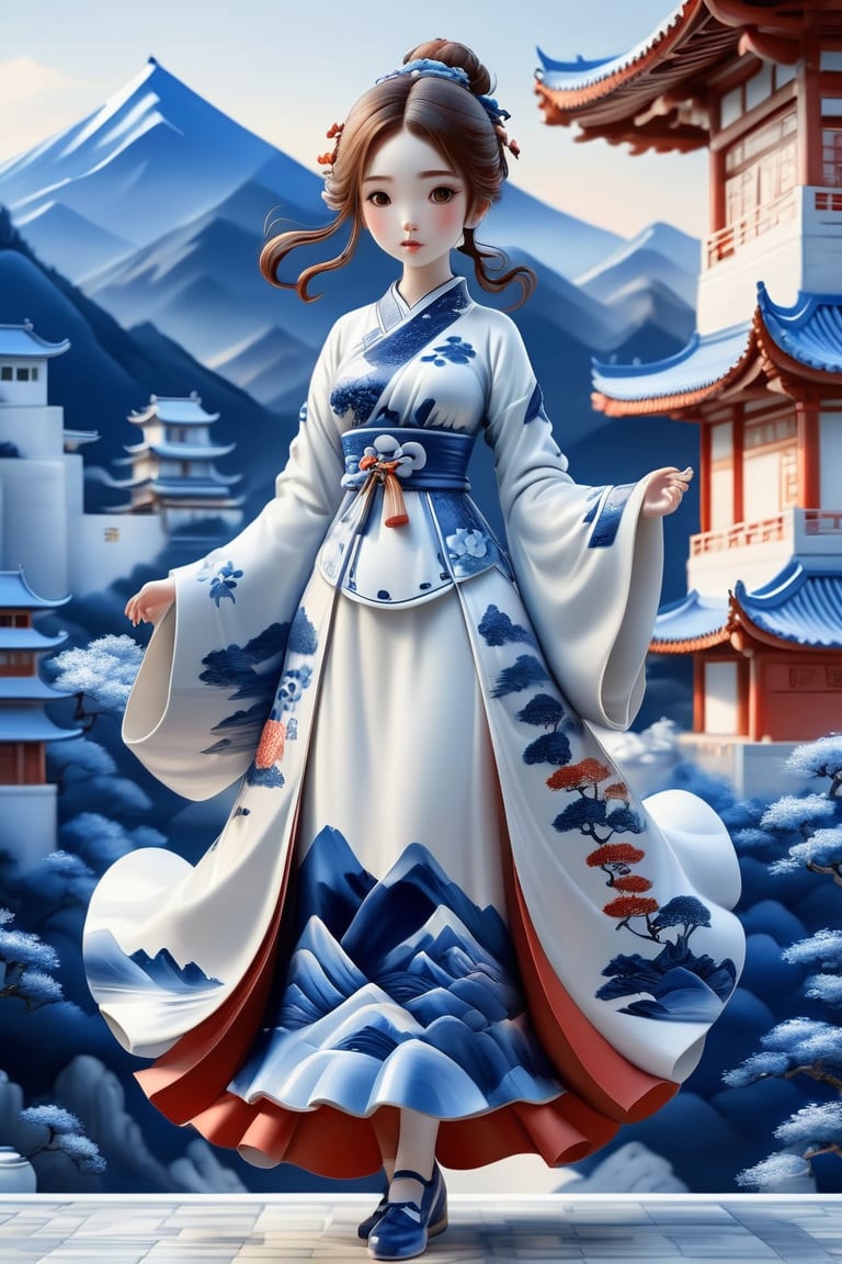 1 girl,full_body,chinako,simple background,bright color,reddish cheeks,blue and white porcelain clothes,blue city, front, recent photo, blue and white porcelain mountain, blue and white porcelain building, blue and white porcelain background