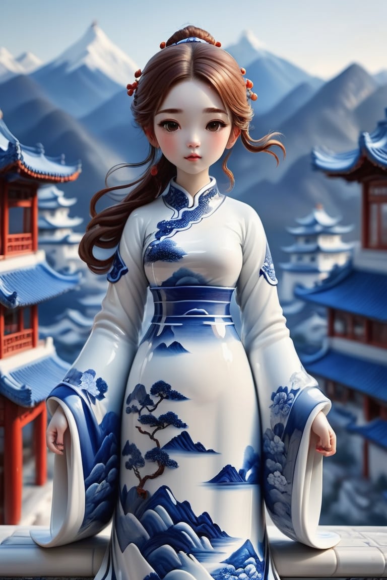 1girl, full-body, china ko, simple background, bright color, reddish cheeks, blue and white porcelain clothes, blue city, front, recent photo, blue and white porcelain mountain, blue and white porcelain building, blue and white porcelain background