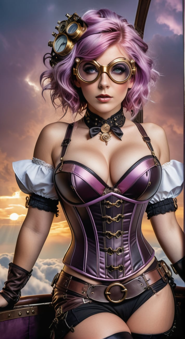 create an image of a realistic steampunk a sexy seductive, different poses with very provocative large breasts, with intricate goggles resting atop her pastel violet hair, wearing a leather corset with brass buckles and delicate lace accents, standing confidently aboard an airship with a backdrop of billowing clouds at sunset 