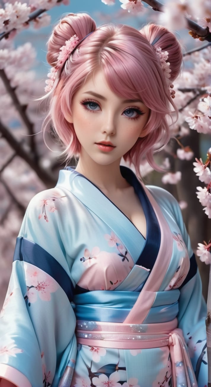 a realistic sexy seductive, different poses with very provocative large breasts, anime girl with delicate features, pastel pink twin-tails and sparkling oversize eyes, dressed in a soft pastel blue and pink kimono, walking gracefully among cherry blossoms, petals swirling around in a gentle breeze