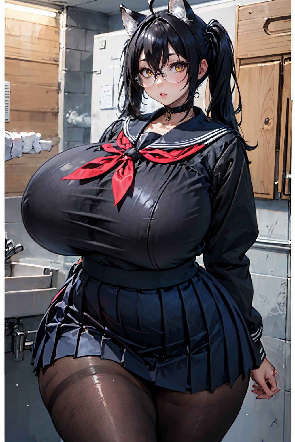 masterpiece, best quality, 1girl, huge breasts, Masterpiece, ultra detailed, atmospheric light,wide hips, huge body, huge thighs, massive breasts, shiny skin, shiny, oiled body, animal ears, collar, black hair, yellow eyes, twintails, hair between eyes, sidelocks, ahoge, hair intakes, choker, huge breasts, Pleated skirt, skirt, black serafuku, black pantyhose, glasses, neckerchief, sailor collar, serafuku, WolfGirlOC, blak jacket, black skirt, black pleated skirt, red neckerchief, school<lora:EMS-330498-EMS:0.800000>, <lora:EMS-331808-EMS:0.700000>