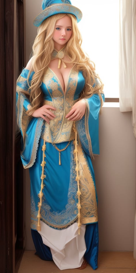 Long wavy blonde hair. Blue eyes. Young women. Fair complexion. Traditional Mexican woman costume. Extremely Detailed, Intricate ,Sexy,Pose,Cute Face,photorealistic