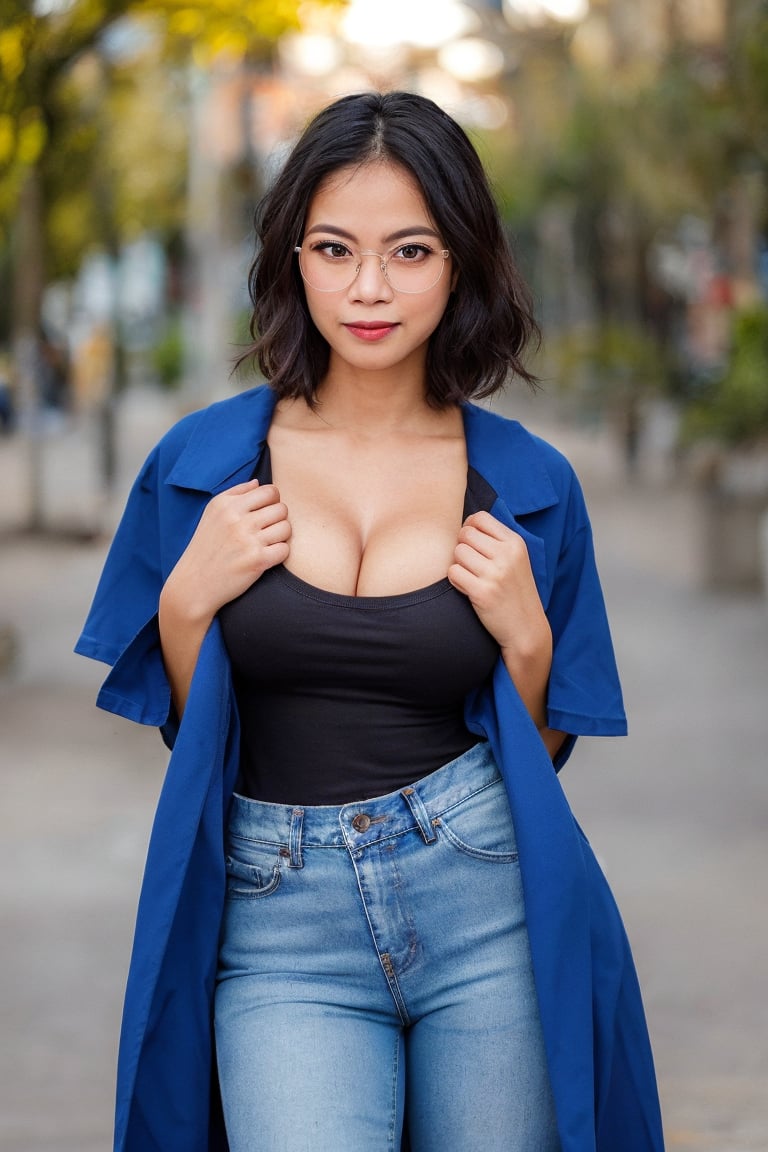 1woman, realistic photo of a 30 years old indonesian, (tshirt:1.3), jeans, long coat, winter_clothes, winter coat, (short-hair:1.3), glasses, large_breasts, cleavage , playful expression, (dynamic pose:1.3), (characters are full of composition, perfect anatomy, flawless face, perfect eyes, expresive eyes, perfect female body, narrow waist, very attractive beauty), (8K, ultra-detailed, masterpiece, best quality, detailed, highly detailed, sharp focus, detailed face, face focus focus, realisitic,Photorealsitic, Highest Detail Face) , (fullbody shot:1.3), (wide angle), (look at viewer:1.3), look closely at the camera, (natural lighting:1.4), (professional lighting), best shadow, (warm color), (simple background:1.4), (Safe for work:1.3),sora