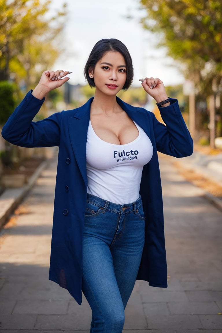 1woman, realistic photo of a 30 years old indonesian, (tshirt:1.3), jeans, long coat, winter_clothes, winter coat, (short-hair:1.3), glasses, large_breasts, cleavage , playful expression, (dynamic pose:1.3), (characters are full of composition, perfect anatomy, flawless face, perfect eyes, expresive eyes, perfect female body, narrow waist, very attractive beauty), (8K, ultra-detailed, masterpiece, best quality, detailed, highly detailed, sharp focus, detailed face, face focus focus, realisitic,Photorealsitic, Highest Detail Face) , (fullbody shot:1.3), (wide angle), (look at viewer:1.3), look closely at the camera, (natural lighting:1.4), (professional lighting), best shadow, (warm color), (simple background:1.4), (Safe for work:1.3),sora