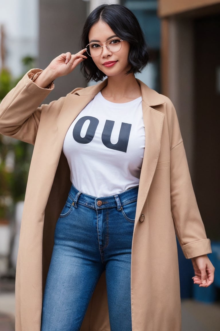 1woman, realistic photo of a 30 years old indonesian, (tshirt:1.3), jeans, long coat, winter_clothes, winter coat, (short-hair:1.3), glasses, large_breasts, cleavage , playful expression, (dynamic pose:1.3), (characters are full of composition, perfect anatomy, flawless face, perfect eyes, expresive eyes, perfect female body, narrow waist, very attractive beauty), (8K, ultra-detailed, masterpiece, best quality, detailed, highly detailed, sharp focus, detailed face, face focus focus, realisitic,Photorealsitic, Highest Detail Face) , (fullbody shot:1.3), (wide angle), (look at viewer:1.3), look closely at the camera, (natural lighting:1.4), (professional lighting), best shadow, (warm color), (simple background:1.4), (Safe for work:1.3),sora