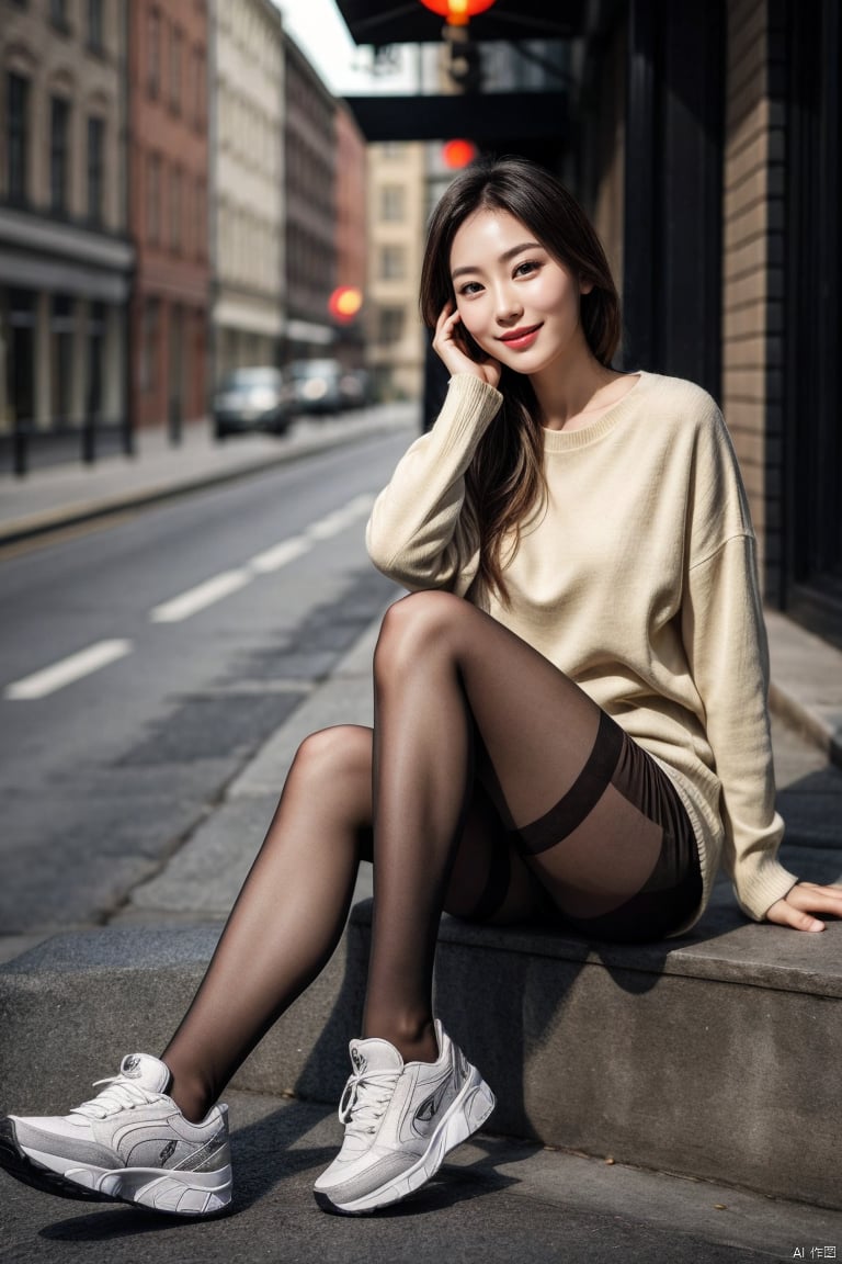 plns,solo,1girl,model pose,asian,pretty,Charming eyes,exquisite facial features,delicate skin,smile,black pantyhose,sneakers,Soft lighting,blurry,masterpiece, realistic, best quality, highly detailed,