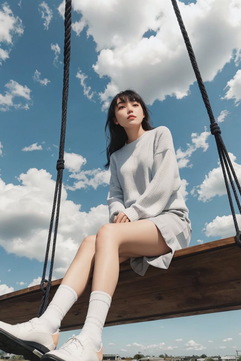  1girl,solo,sitting,sky,clouds,outdoors,black hair,bird,blue sky,white socks,daytime,building,long sleeves,long hair,playing on the swing,bangs,cloudy sky,wide_shot,hand between legs, plns