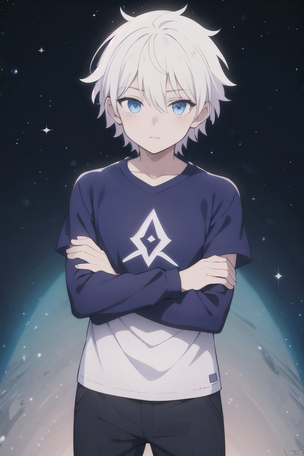  1boy, male focus, solo, blue eyes, crossed arms, looking at viewer, white hair, shirt, long sleeves, closed mouth, layered sleeves, short over long sleeves, pants, bangs, blue shirt, hair between eyes, short hair, cowboy shot, standing, short sleeves eyelashes,Night, starry background, Starry eyes, male,Luminous eyes, HYZ_QY