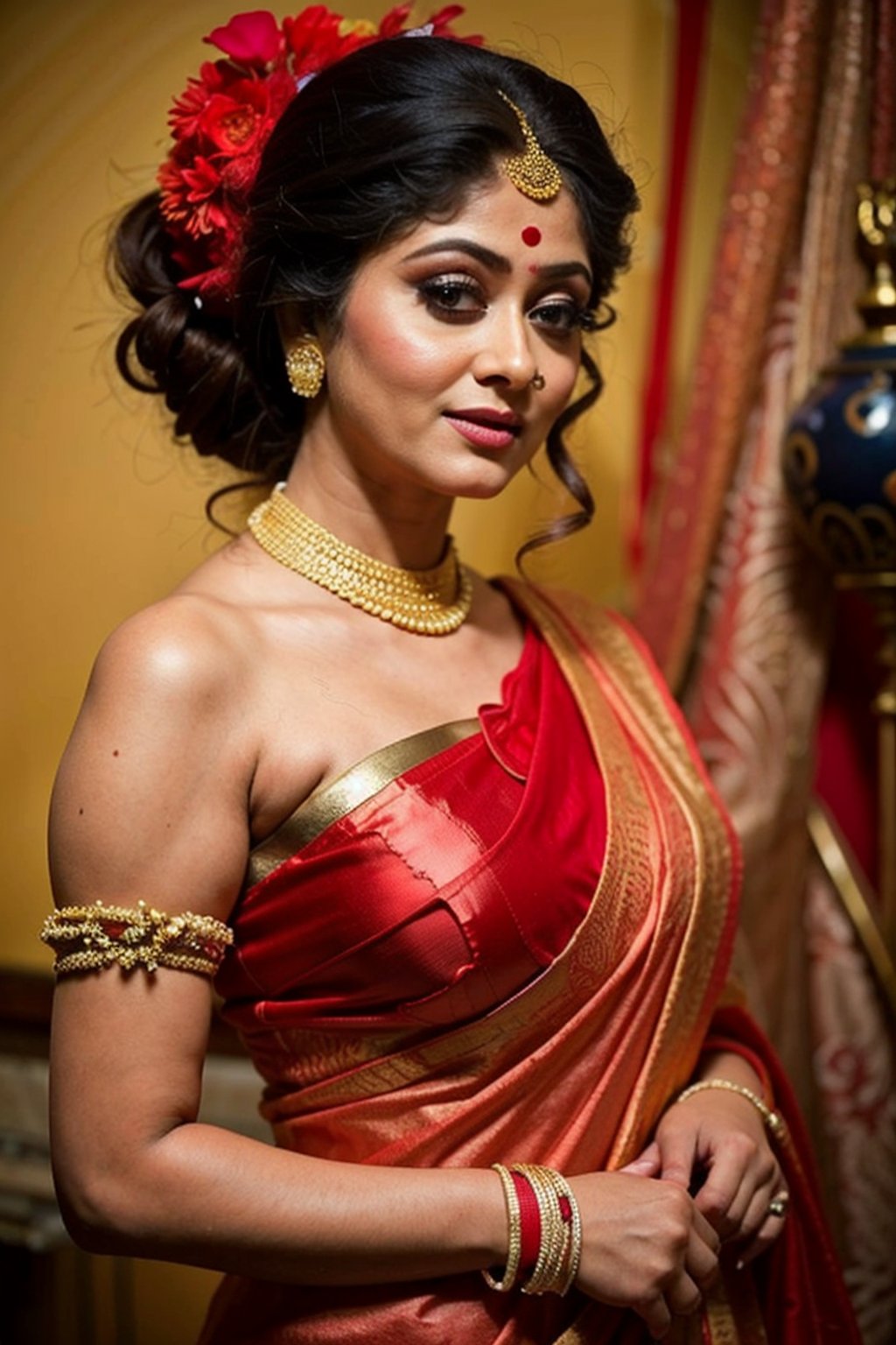 a woman in a bridal sari showing her naval, off shoulder, long pigtails,bengali bride, bare shoulder, deep cleavage, busty, no blouse, exposed boobs, short curly hair, shabby chic wallpaper, vintage paper, faded ink splash, flower drawing, whimsical, sharp focus, contour, intricately detailed, unreal engine, fantastical, complementary colors, oil painting, heavy strokes, paint dripping, dreamy, highly realistic, fantasy concept art, 16k resolution, HW*
, realism