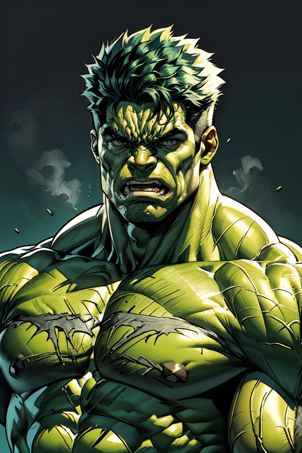 hulk, green skin, 1boy, male focus, muscular, solo, colored skin, (muscular male:1.5), ((angry)), s (big_muscle:1.5), portrait, ((face focus)), ((upper body)), topless
