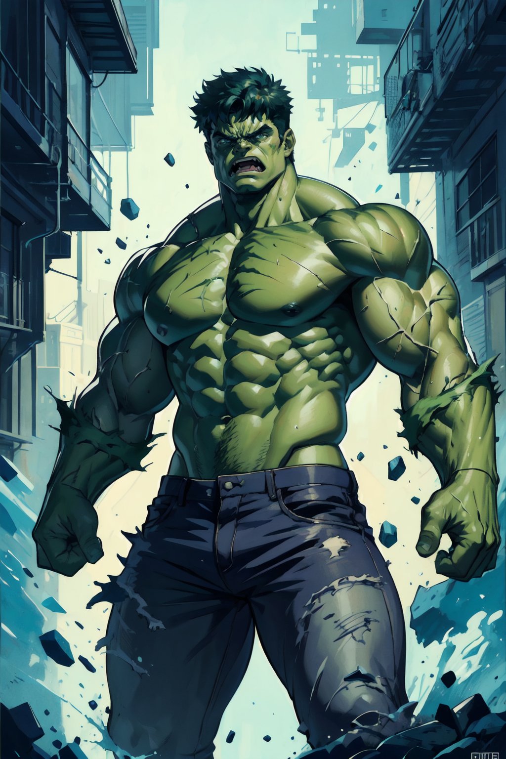 hulk, green skin, 1boy, male focus, muscular, solo, colored skin, (muscular male:1.5), abstract art, angry
