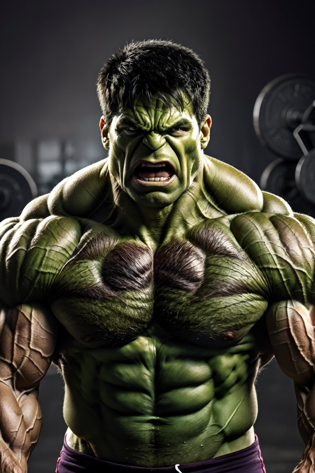 hulk, green skin, 1boy, male focus, muscular, solo, colored skin, (muscular male:1.5), ((angry)), s (big_muscle:1.5), portrait, ((face focus)), ((upper body)),
