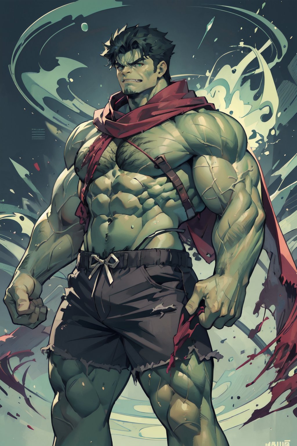 hulk, green skin, 1boy, male focus, muscular, solo, colored skin, (muscular male:1.5), abstract art, angry, shorts, pruple shorts, (big_muscle:1.5), shawl, red shawl, cleavage, ((green aura))
