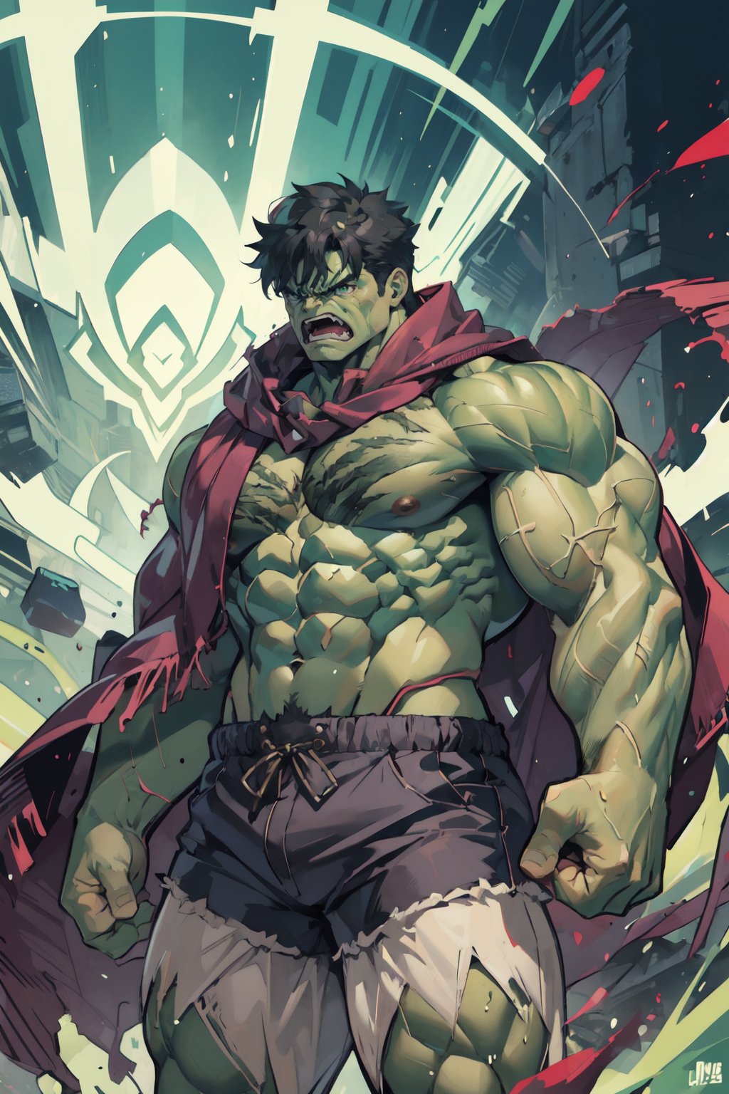 hulk, green skin, 1boy, male focus, muscular, solo, colored skin, (muscular male:1.5), abstract art, ((angry)), shorts, purple shorts, (big_muscle:1.5), shawl, red shawl, cleavage, ((green aura))
