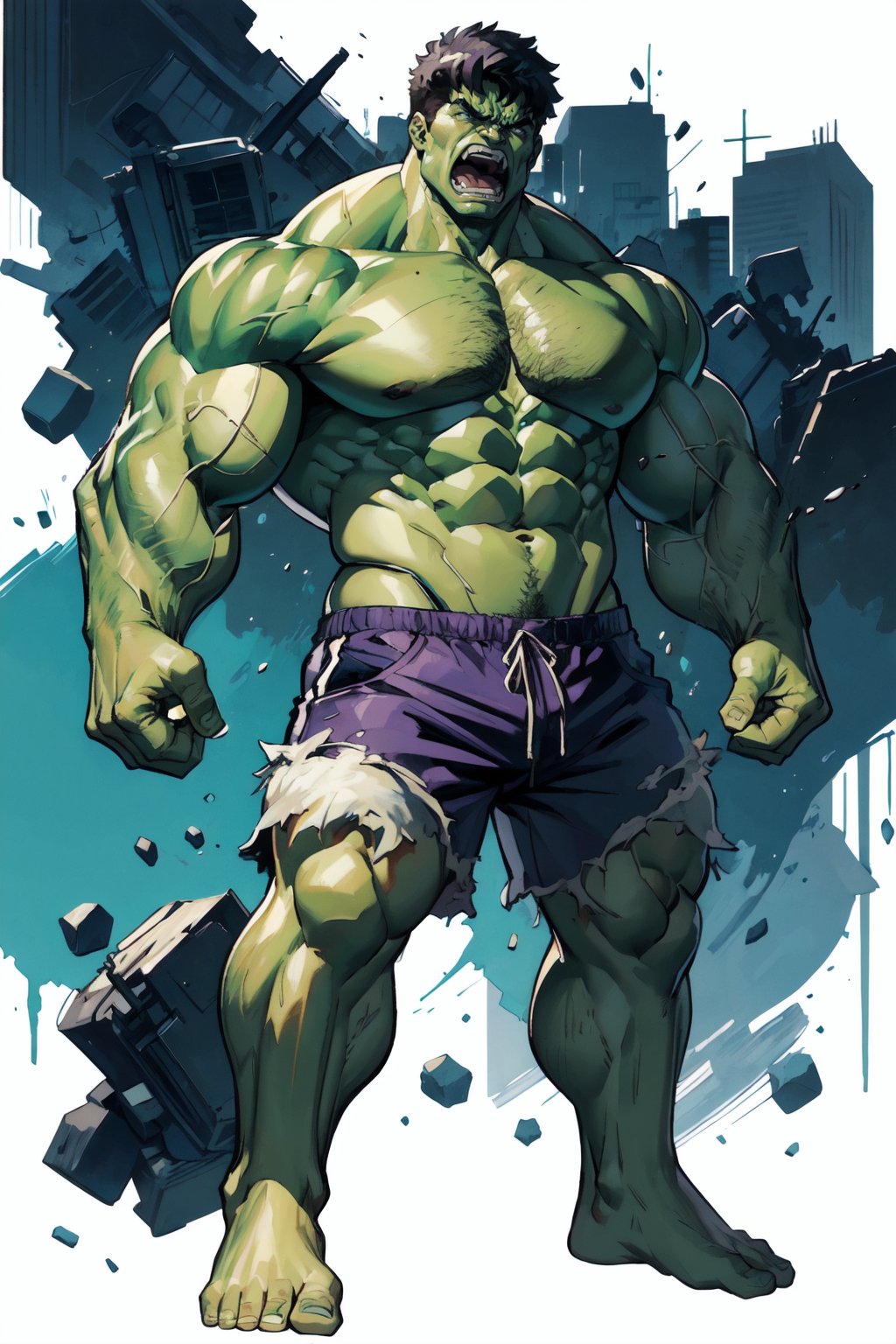 hulk, green skin, 1boy, male focus, muscular, solo, colored skin, (muscular male:1.5), abstract art, angry, shorts, pruple shorts, (big_muscle:1.5)
