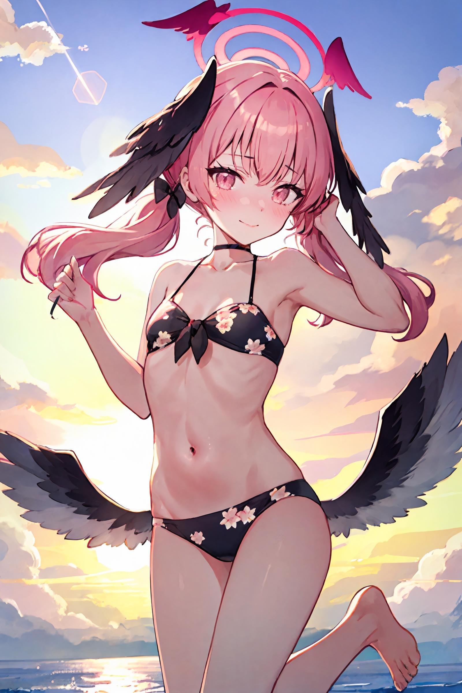 1girl, koharu \(blue archive\), twintails, halo, head wings, hair bow, low wings, floral print bikini, flat chest, bodypaint, barefoot, hand in own hair, looking at viewer, blush, shy, light smile, sunset, lens flare, backlighting, floating hair